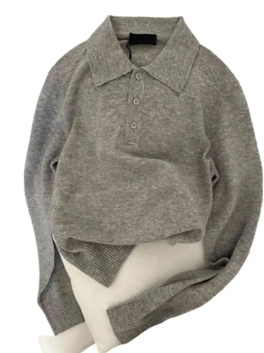 Grey Polo Collar Long Sleeved Knitted Sweater For Women In Early Autumn, Simple And Loose Commuting Short Top