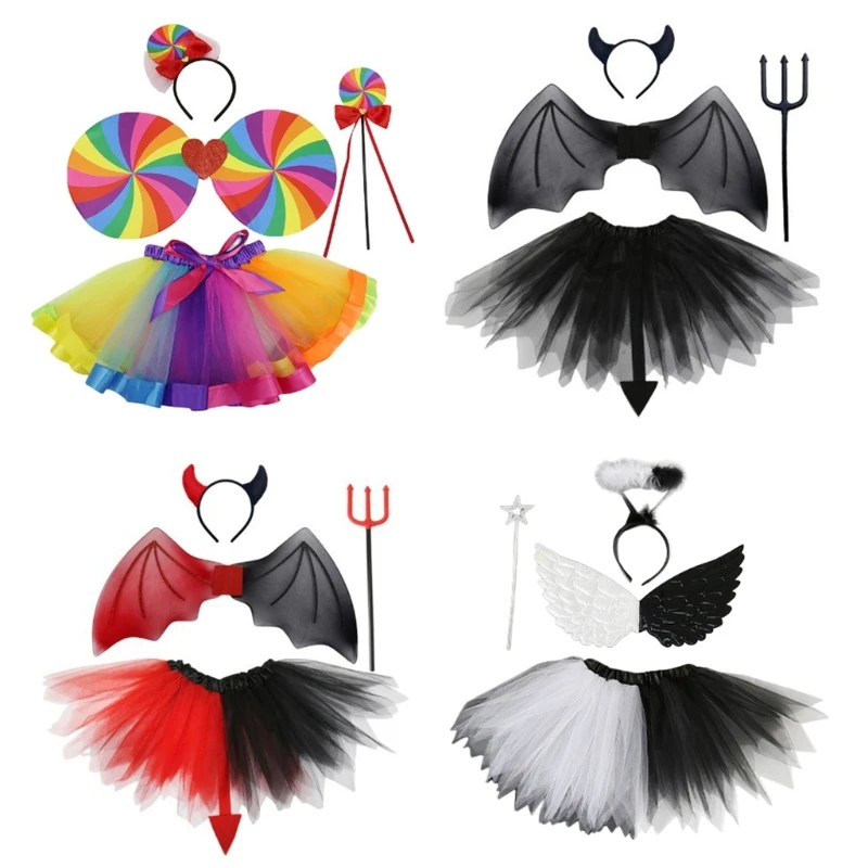

Rainbow Color Princess Costumes for Kid Birthday Halloween, Devil Cosplay Set