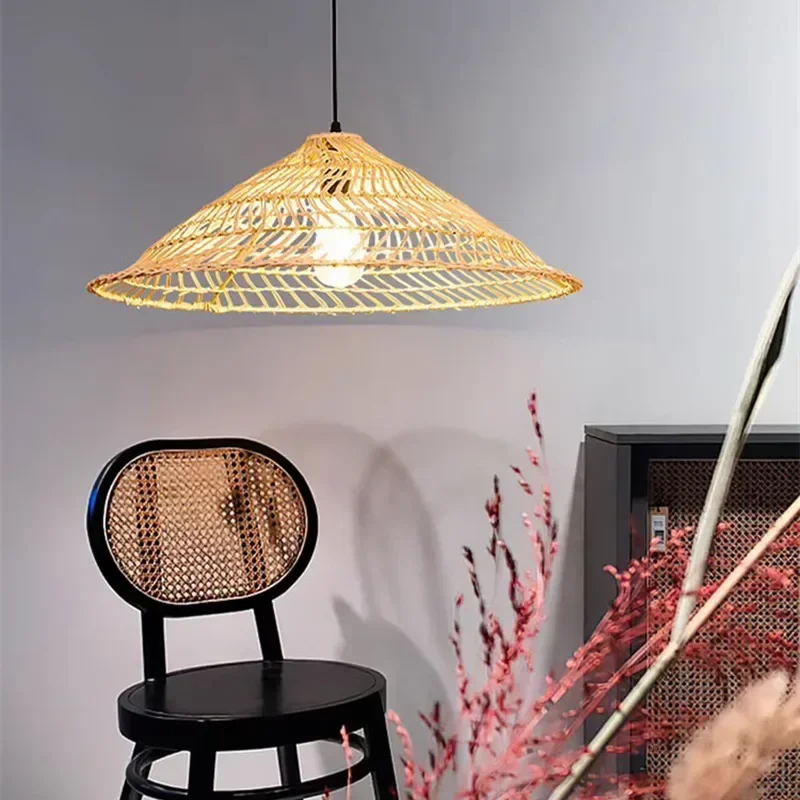 Wicker Triangle Pendant Chinese Style Lamps rustic handmade rattan  for Living Room Dining Table kitchen island Lightlámpara 거실등