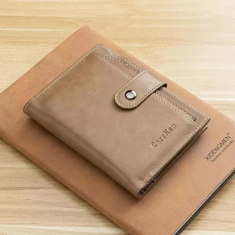 Fashion Snap Button Men's Short Vintage Leather Coin Purse Tri Fold Card Holder Zipper Male Money Wallet