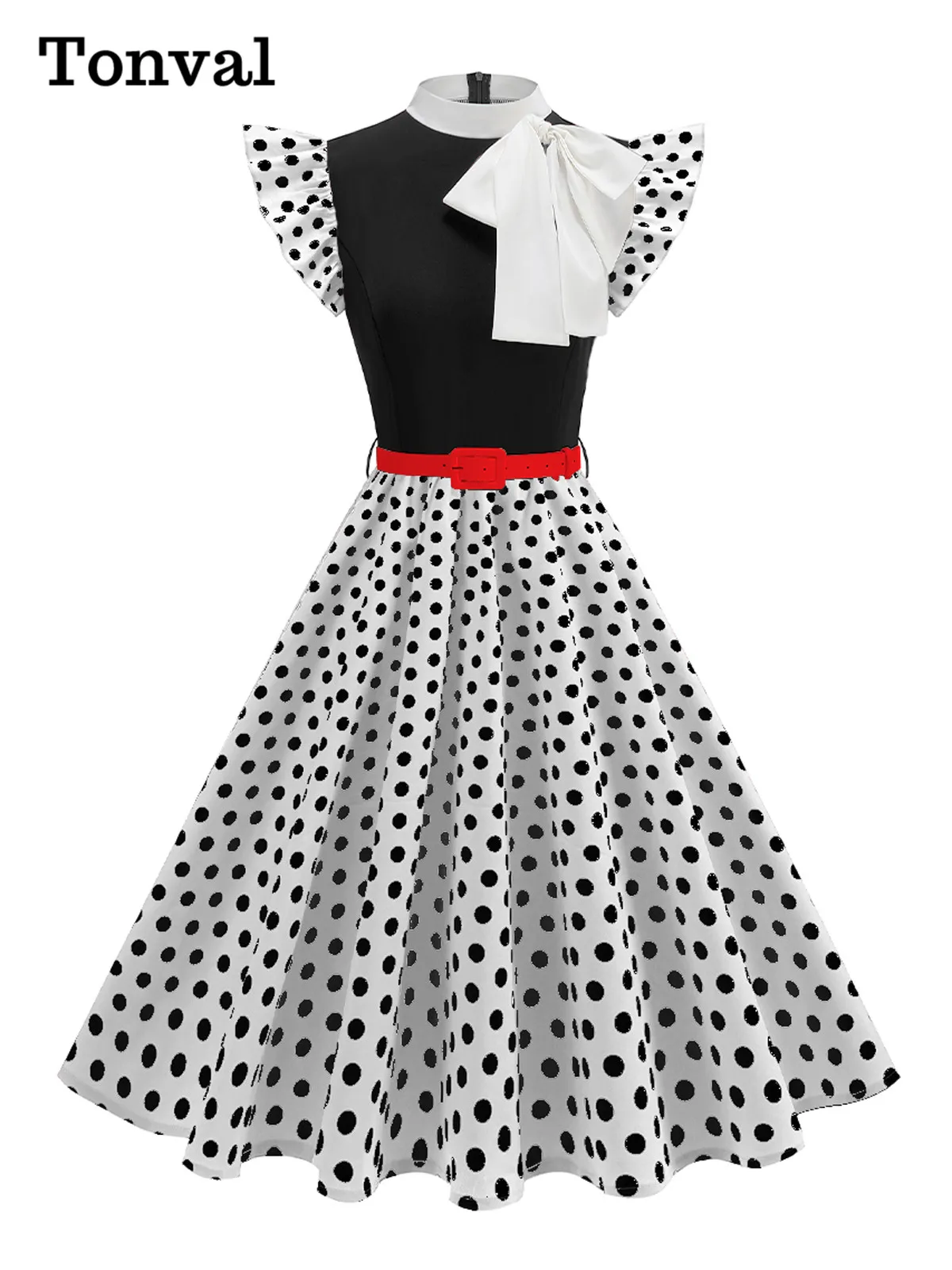 Tonval Bow Details Mock Neck 50s Retro Clothes Summer Women 2025 Flying Sleeve Floral Vintage Patchwork Elegant A-Line Dresses