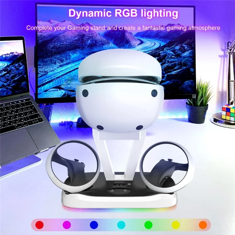 AT-Untuk Stasiun Pengisian Daya PS VR2 dengan Lampu RGB Warna-warni dan Tempat Headset, Pengisian Dok Pengisi Daya Pengontrol Game VR
