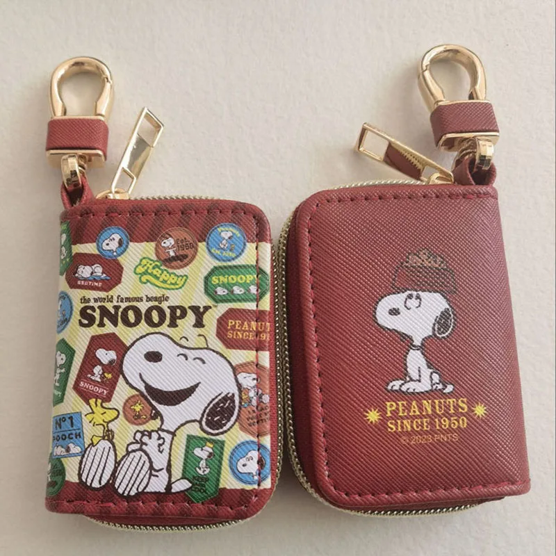 Anime Kawaii Snoopy PU Leather Zipper Car Keychain Bag Cartoon Portable Durable Coin Purse Wallet Storage For Girls Boys Gifts