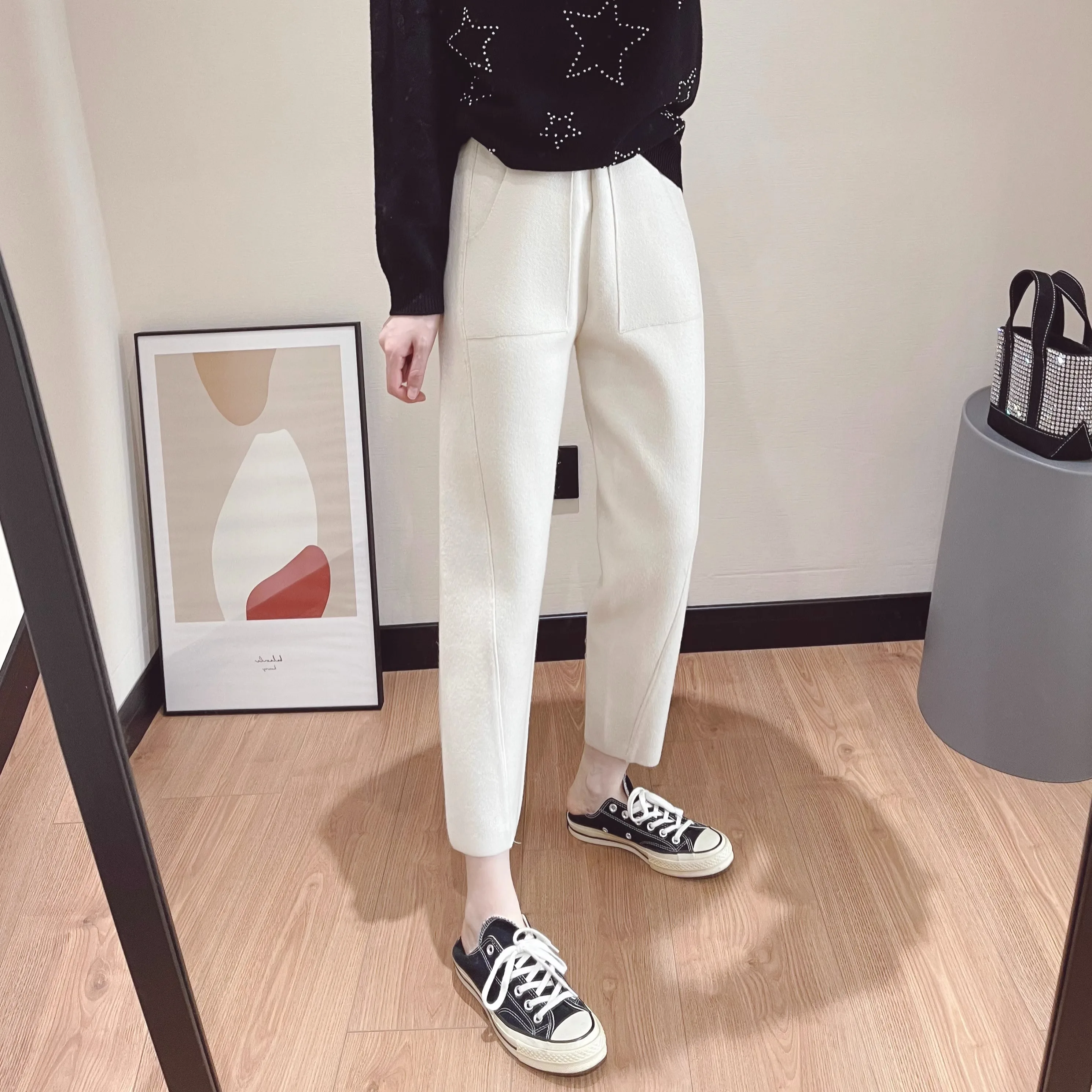 

Осень-зима 2022, новые повседневные трикотажные брюки, тонкие широкие повседневные прямые брюки с девятью точками