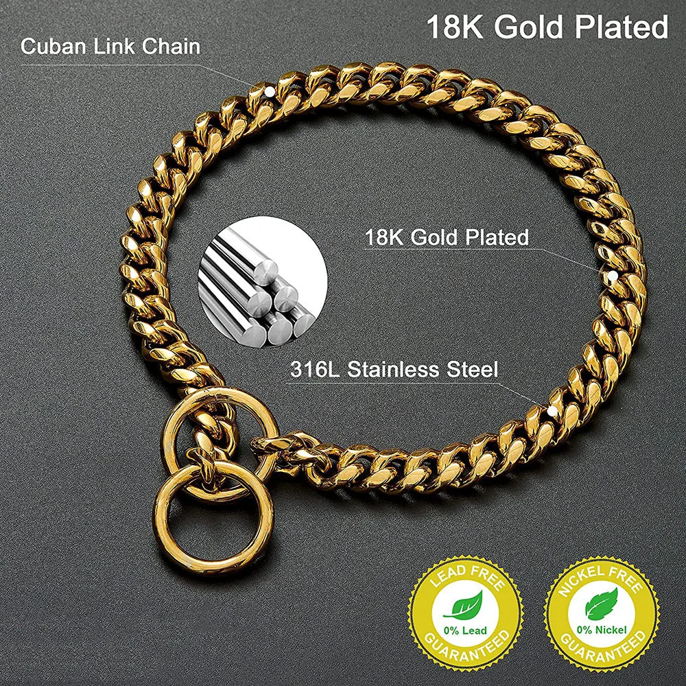 10MM Stainless Steel Gold Dog Chain Collar Metal Slip P Chain Walking Training Cuban Link Chew Proof Pet Chains Collars