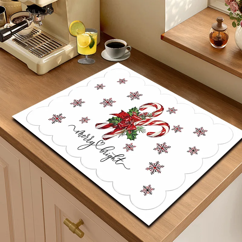 Christmas Kitchen Mat Super Absorbent Dish Drying Mats Carpet Non Slip Coffee Rug Drain Pad Countertop Protector Xmas Room Decor