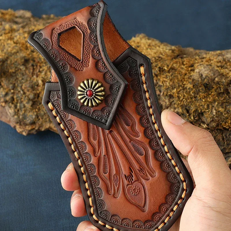 

Vegetable Tanned Folding Knife Set Damascus Pocket Knife Storage Top Layer Cowhide Knife Case Leather Sheath