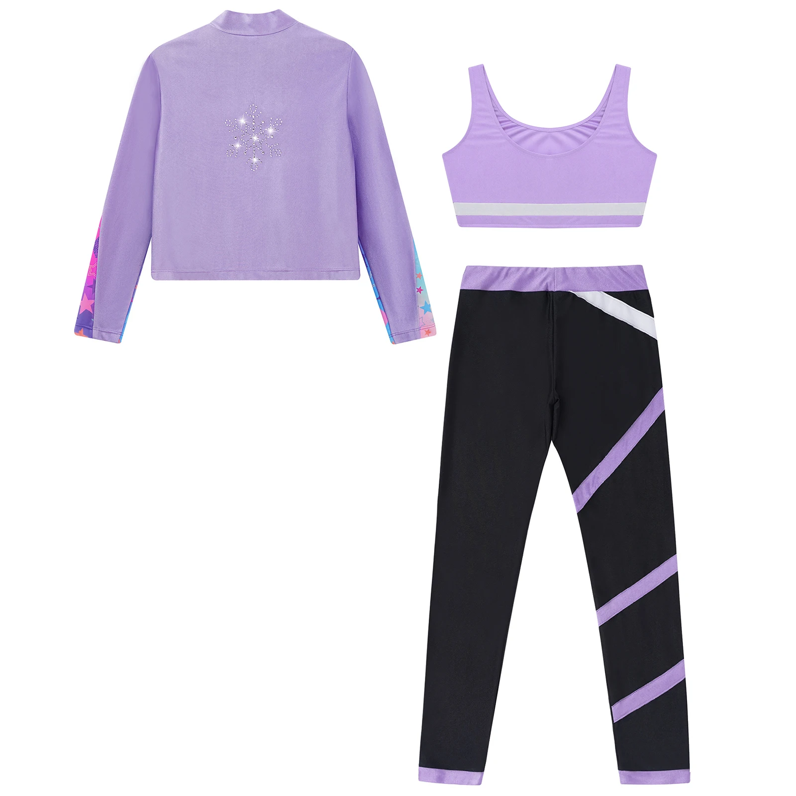 Kids Girls Lightweight Figure Skating Jacket and Pants Set 3 Pieces Tracksuit Athletic Gymnastics Ballet Dance Workout Outfit