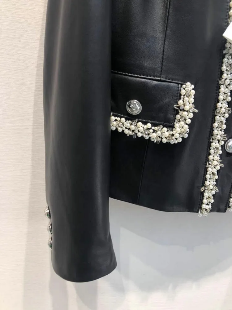 Office Lady Elegant Genuine Leather Jacket Bead Shiny O-Neck Single Breasted Real Sheepskin Long Sleeve Coat Classy Outerwear