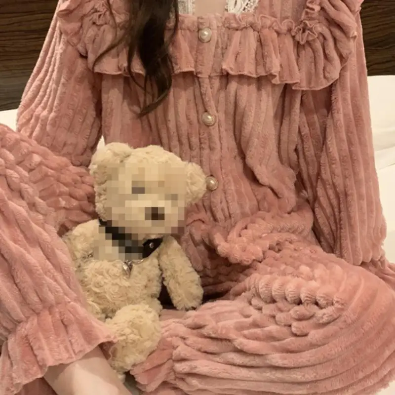 Women New Purple Striped Flannel Pajama Set Sweet Lace Ruffle Pearl Button Long Sleeve Warm Homewear Autumn Winter Comfort Set