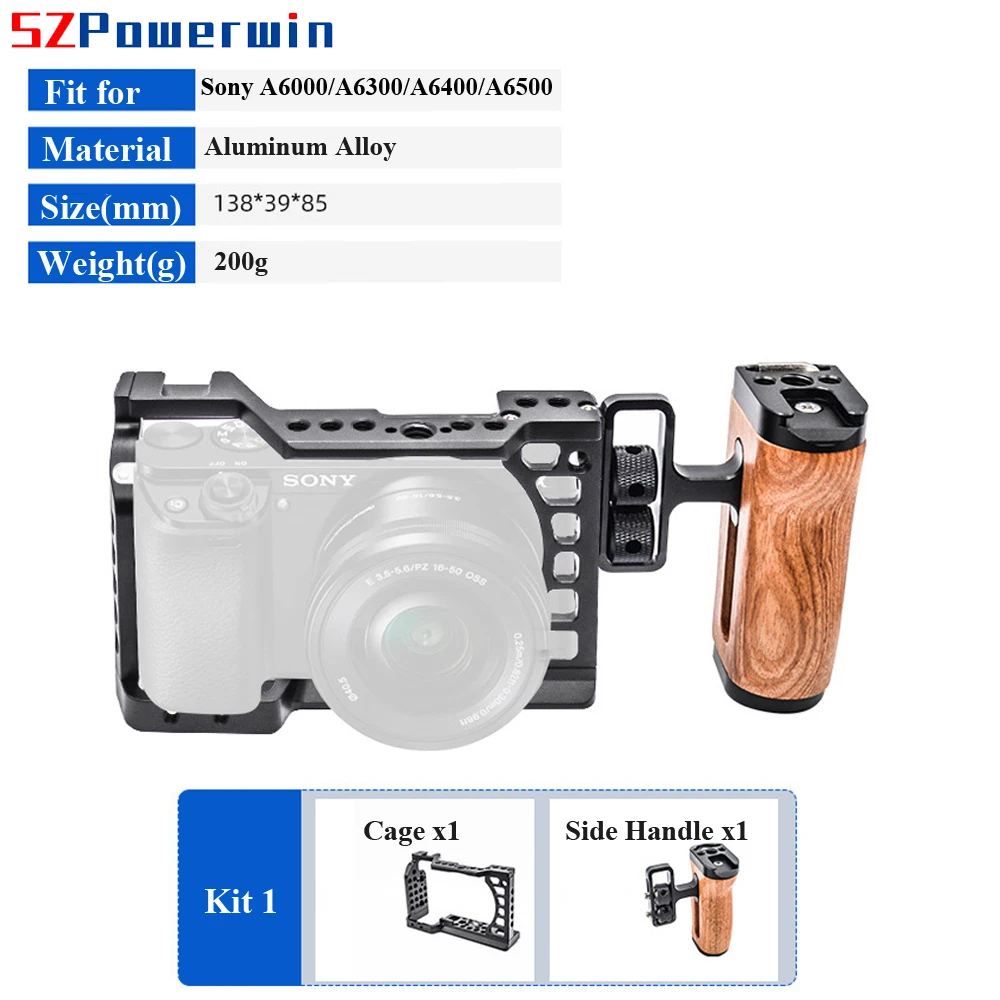 Powerwin Camera Cage For Sony A6500 A6400 A6300 A6000 with wooden Handle Kit Aluminum Alloy Multifunctional Arri Locating Screw