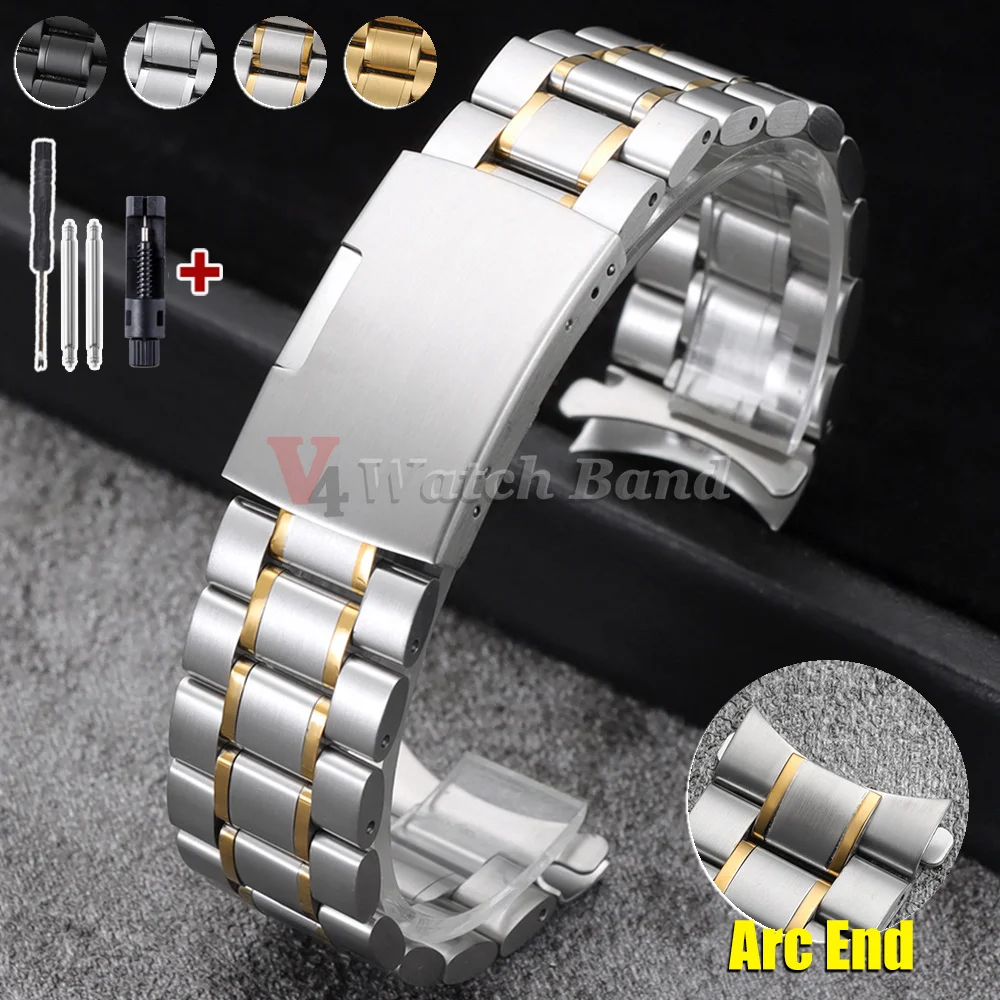 16/18/20/22/24mm Faltbares Gebogenes Edelstahl-Uhrenarmband Massives Metall Silber Gold Schwarz Metallarmband mit Werkzeug-Faltschließe
