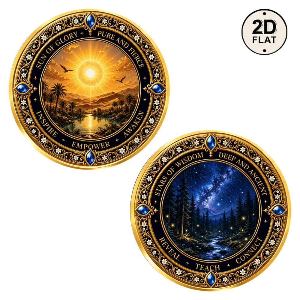 1pc Sun of Glory Stars of Wisdom Challenge Coin Day Desert & Night Galaxy Forest Collectible Medal Motivational Souvenir Gifts