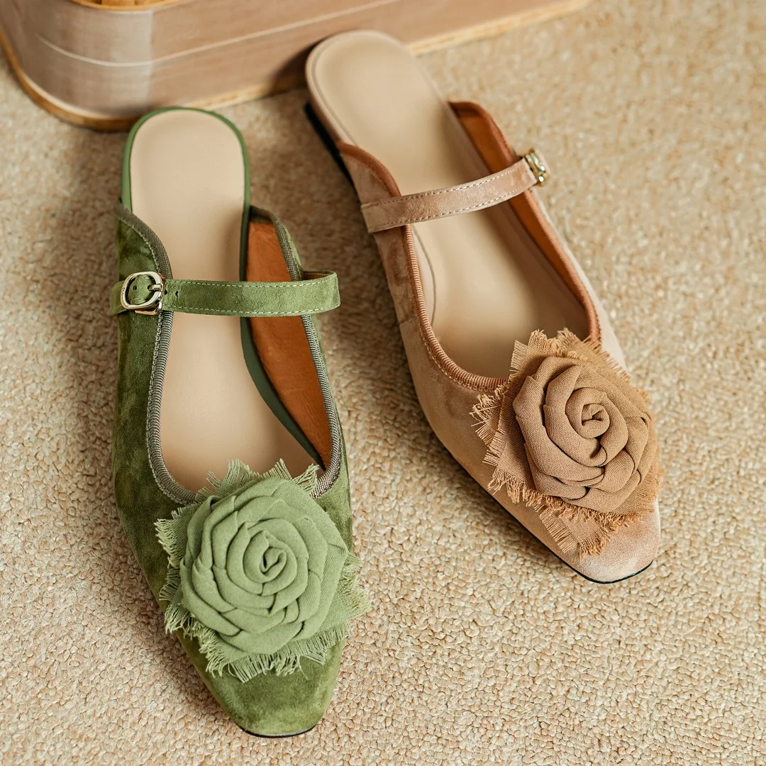 

Women's natural suede leather slip-on Mary Jane flats mules flower decoration casual female summer slides sandals shoes woman