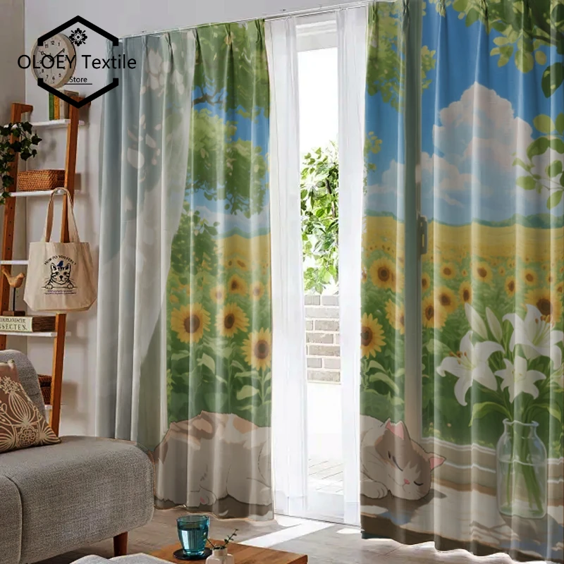 

Bright Sunflower Scenery Curtains for Living Room - Cheerful Digital Print Blackout Light Blocking Thermal Drapes HD Custom Size