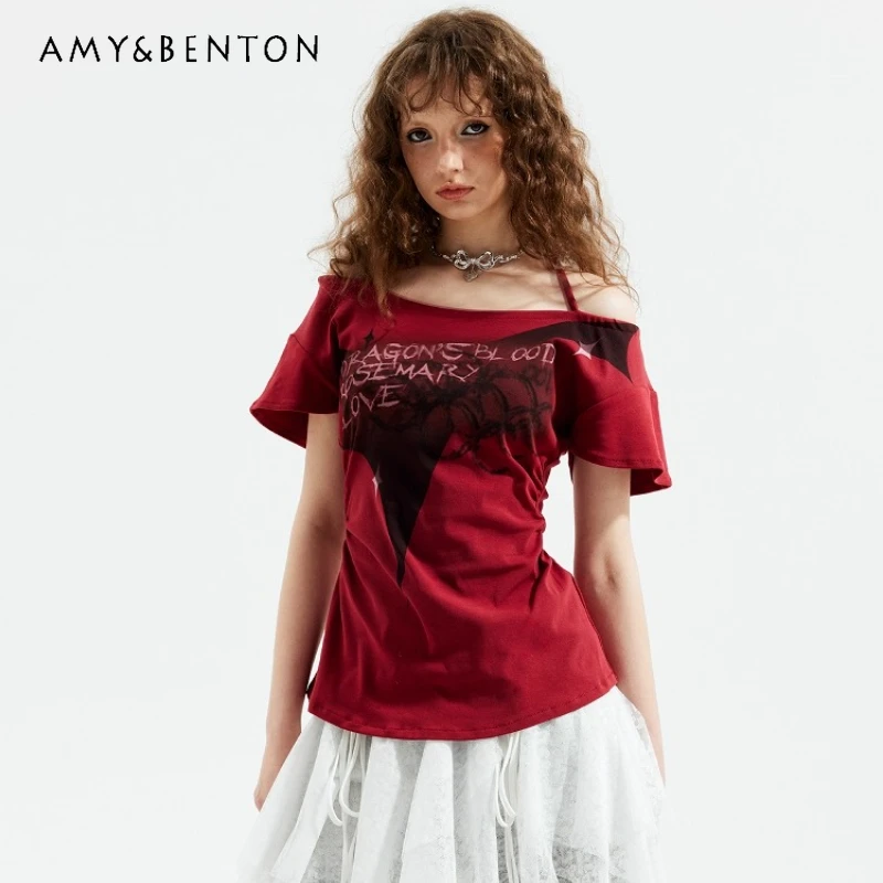 

Original Design Commuter Subculture Summer Slimming Women's Top Punk Red Letter Print Versatile Flutter Sleeve T-Shirts Ladies