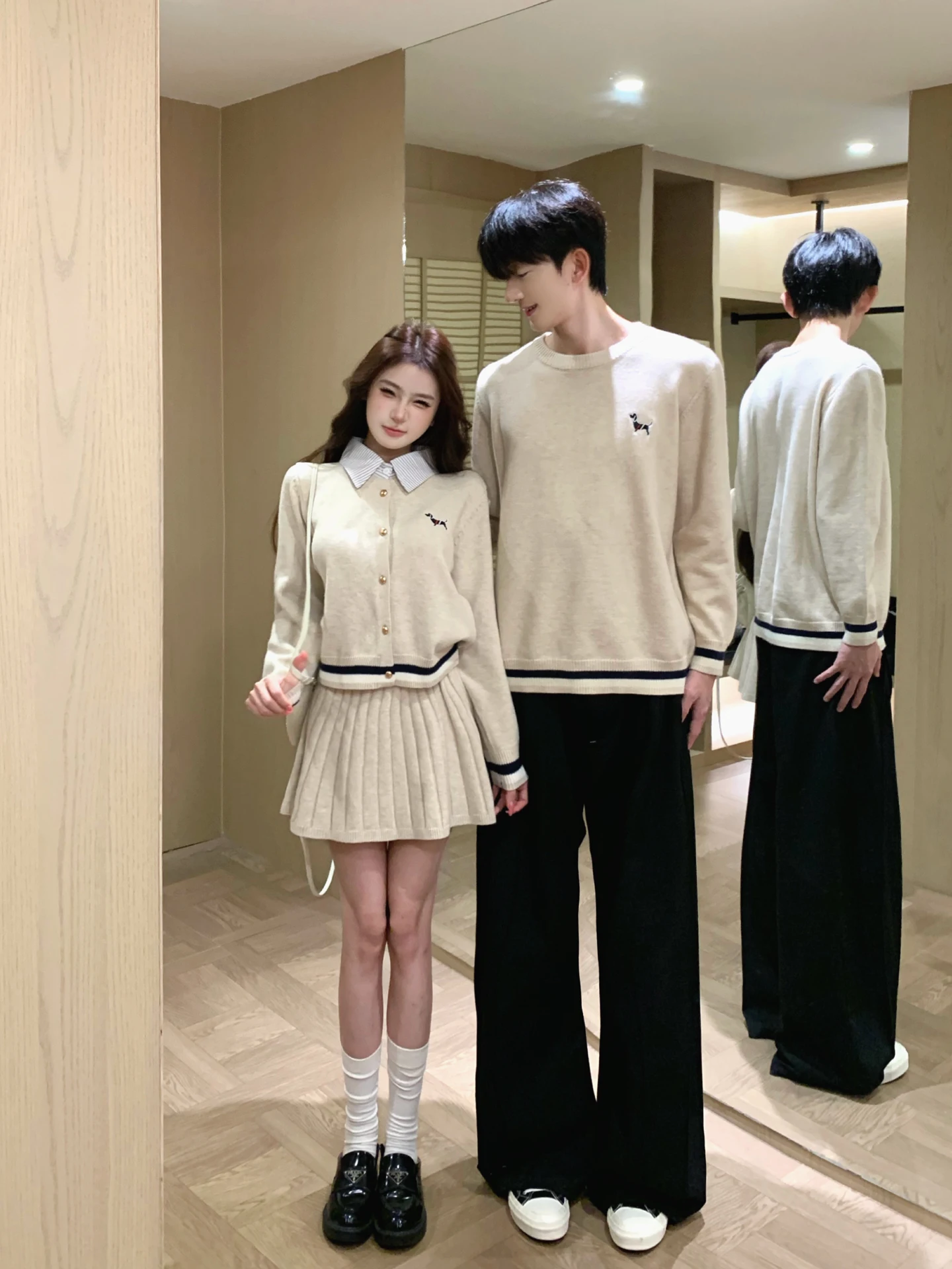 Korean Style Couple Matching Knitted Sweater And Short Skirt Set with Embroidered Dachshund Design Casual Autumn Winter Wear