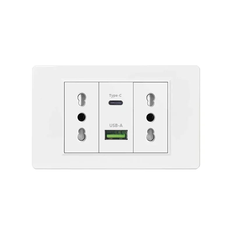 Italy Chile Standard Outlet with USB Smart Type-c 20W Fast Charging, Dual USB Wall Socket Chile Plug Plastic Panel Light Switch