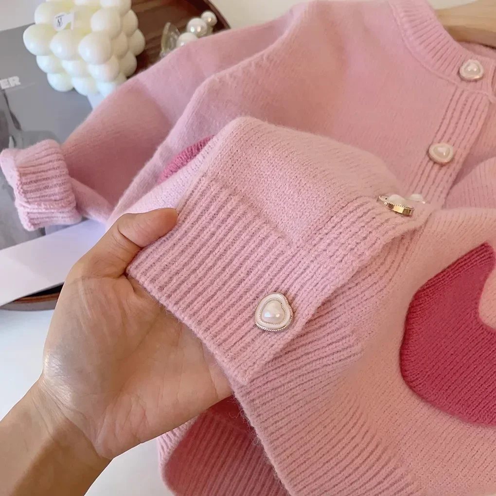 4630 Buy 2pcs Wholesale Girls Cardigan Sweater Coat Autumn 2024 New Sweet Pink Love Sweater Or Girl's Knitted Pants