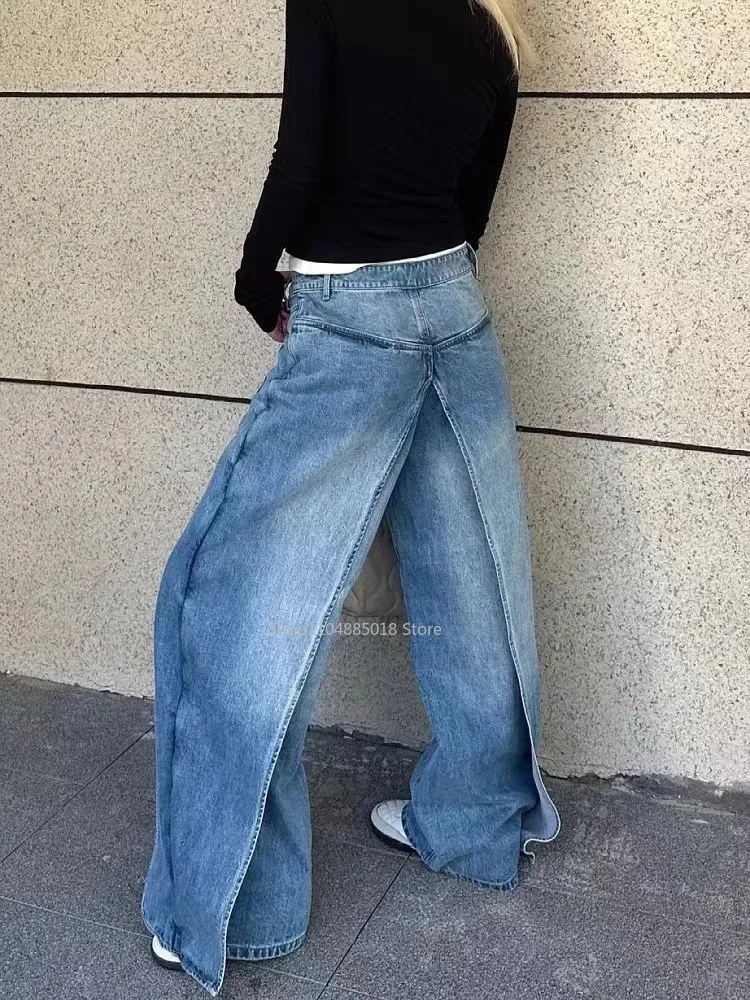 Y2k Vintage Blue Baggy Jeans Women High Waist  Aesthetic Harajuku Denim Trousers 90s Trashy Emo 2000s Grunge Cargo Pants
