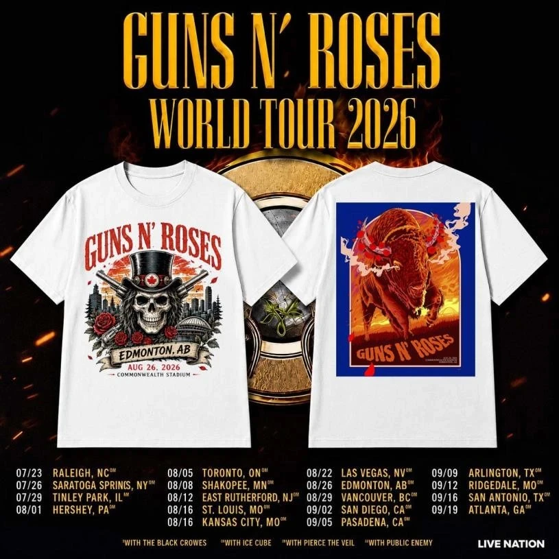 Guns N’ Roses World Tour 2026 Concert Commonwealth Stadium Edmonton Alberta Retro Rock Band Streetwear Oversized Cotton Tee