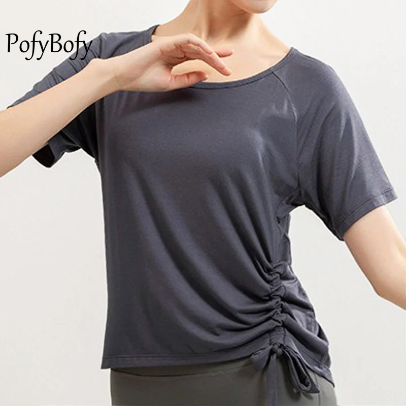 PofyBofy Side Drawstring Knot U Neck Softness Elastic Women Short Sleeve Long Sleeves T-Shirt Yoga Dance Pilates Gym Sport Tops