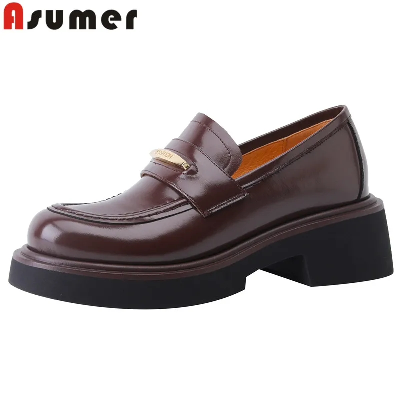 

ASUMER 2024 New Genuine Leather Loafers Shoes Square Med Heels Women Shoes Fashion Slip On Ladies Platform Pumps