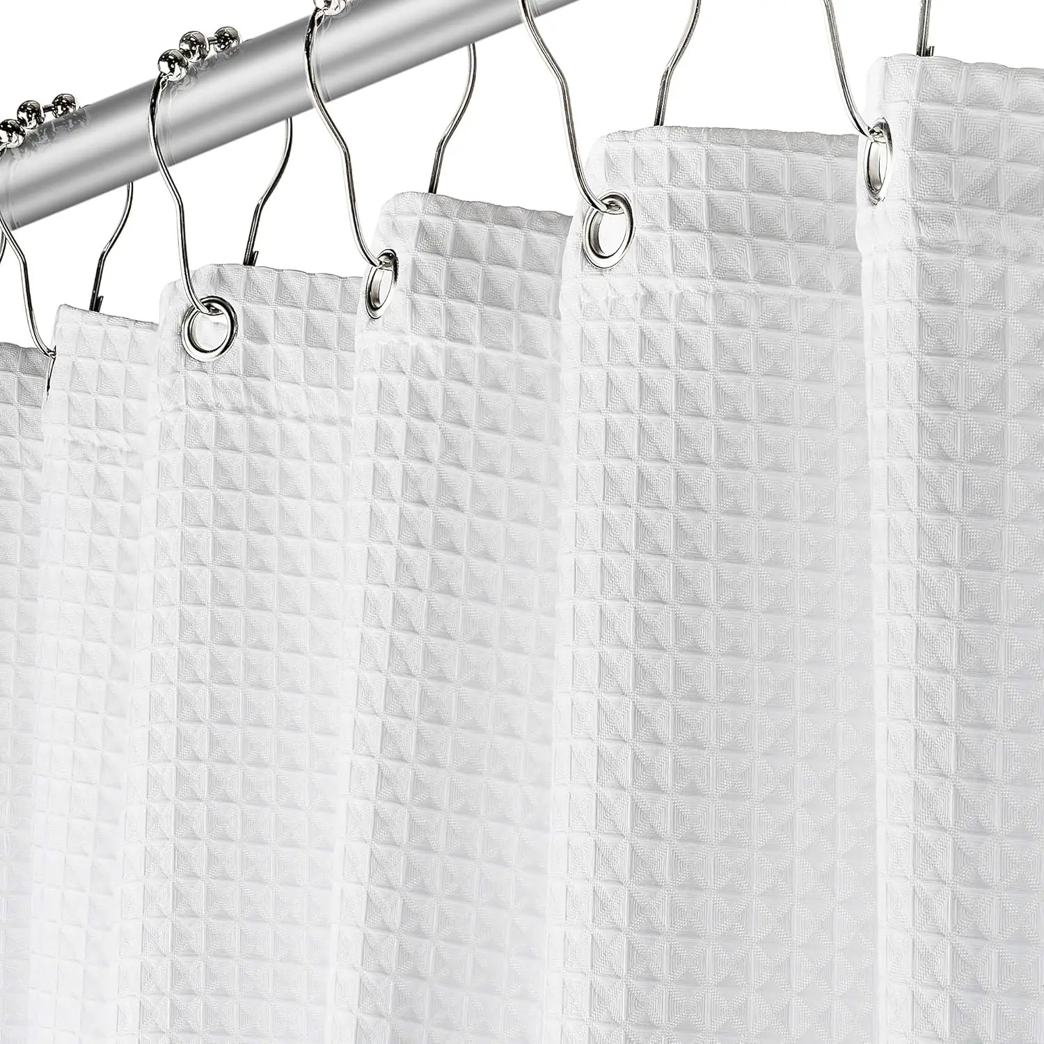 

White Fabric Shower Curtain 72x72 - Waffle Weave Water Repellent Heavy Duty Cotton Feel Machine Washable