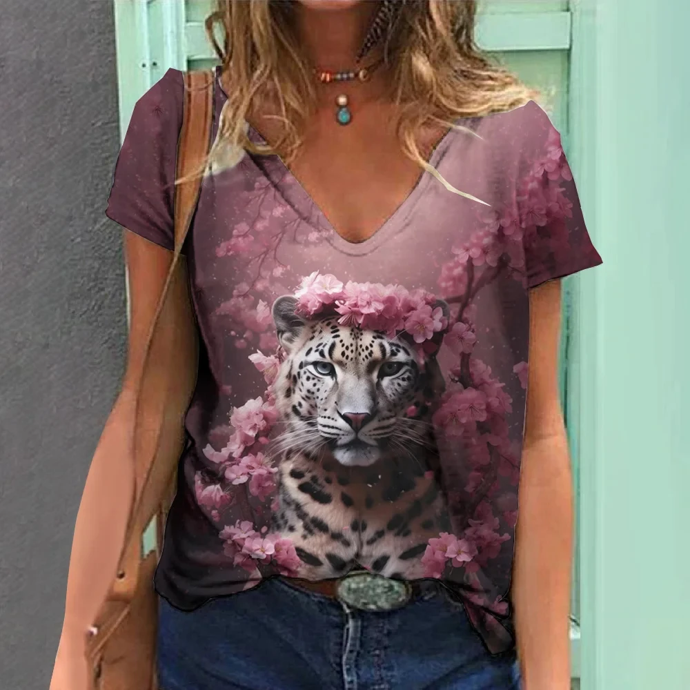 Tiger Graphic T-Shirts Animal 3D Print Women Short Sleeve T Shirt V-Neck Streetwear Oversized Harajuku Female Tees Tops Clothing
