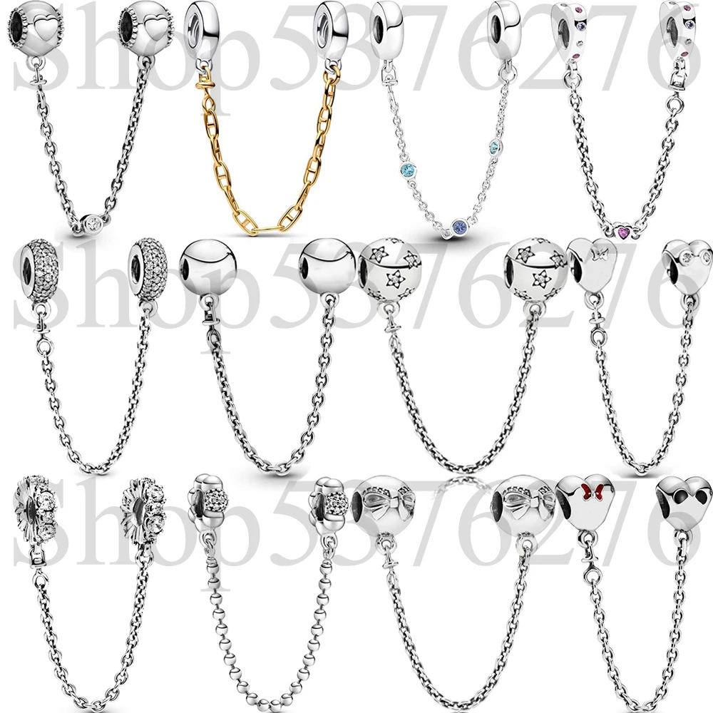 925 Sterling Silver Bead Inspiration Embossed Bright Heart Safety Chain Charm For Fashion Women Bracelet Bangle Gift DIY Jewelry