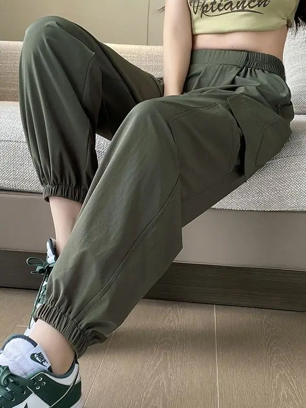 High Waist Cargo Pants Summer Thin Breathable Quick Dry American Style Harem Sports Pants Women's Casual Trousers