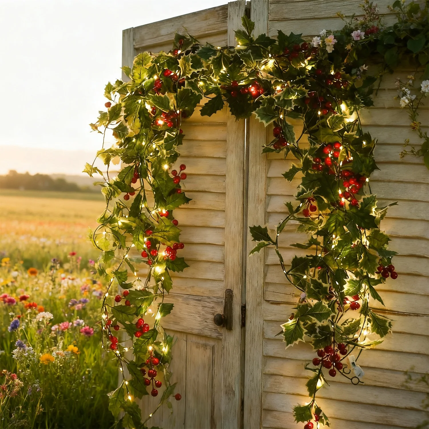 إكليل عيد الميلاد مع أضواء LED التوت الأحمر الزهور الاصطناعية طاولة النبات عيد الميلاد معلقة الروطان لتزيين درابزين الدرج