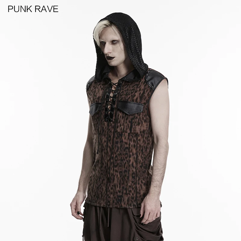 PUNK RAVE Men's Punk Leopard Print Elastic Knitted Mesh T-shirt   Personalized Shoulder Studs Casual Drawstring Tops