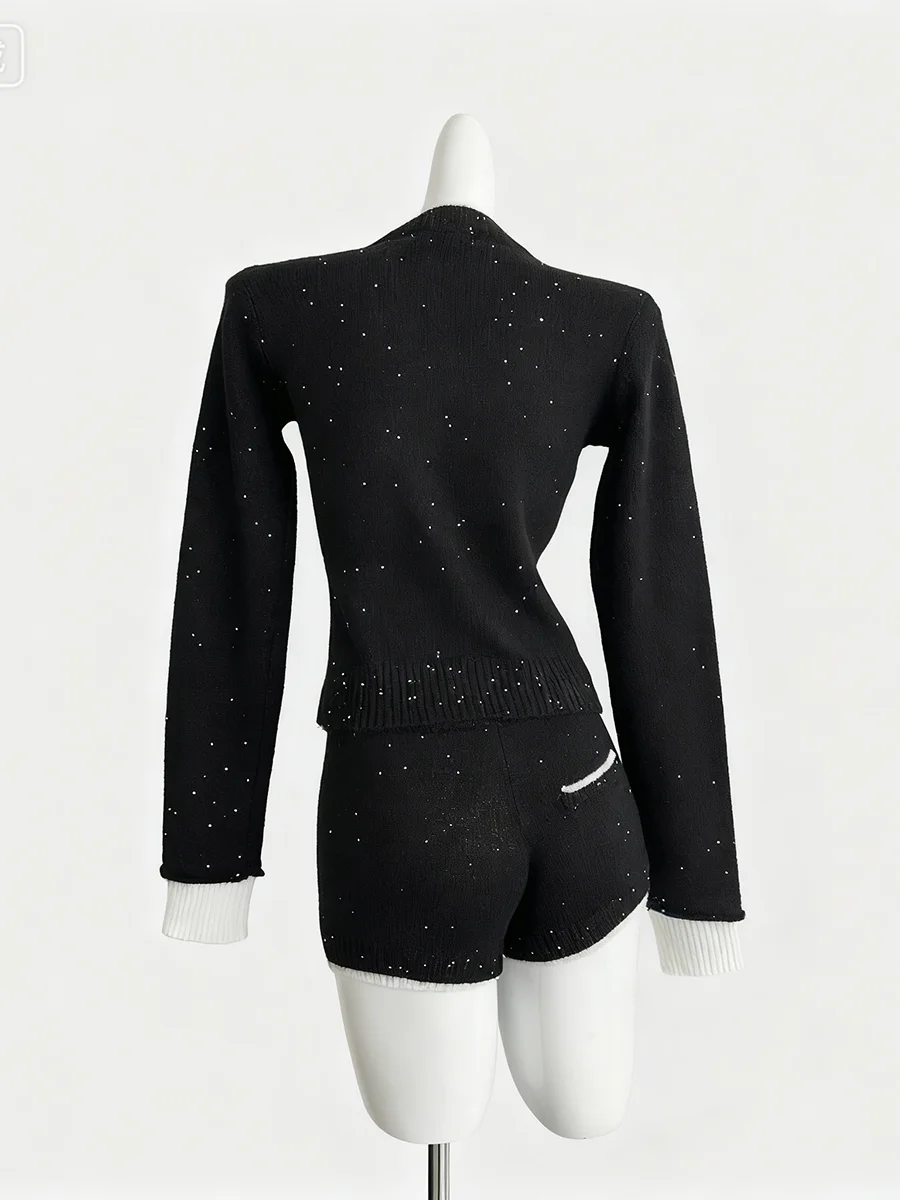 TWOTWINSTYLE Hit Color  Spliced Sequins Two Piece Sets for Women O Neck Long Sleeves Top High Waist Shorts Knit Set Female New