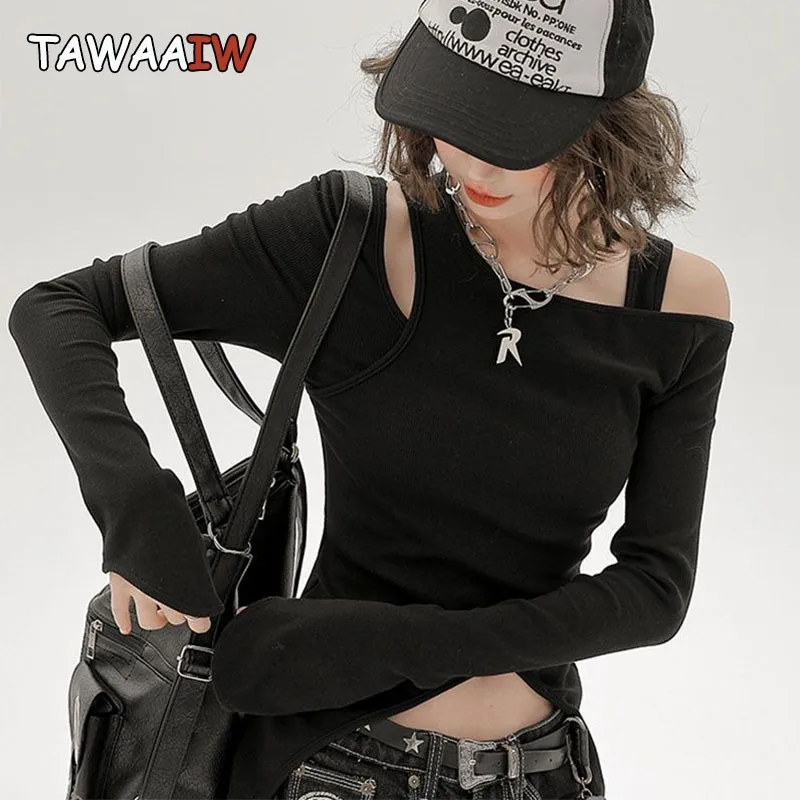 Tawaaiw Streetwear Black Two Piece Tops Long Sleeve T Shirt Women Clothes Korean Fashion Slim Autumn Tees Female Clothing Y2k