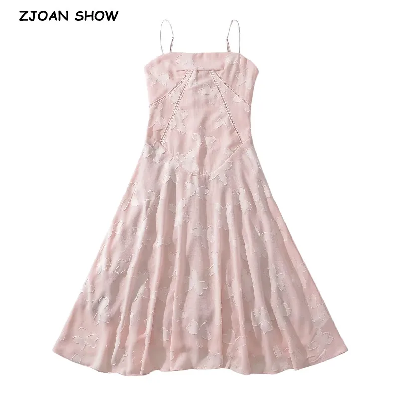 

2024 Sexy Pink Cross Lacing up Bandage Back Weave Sling Dress Women Corset Style Low Chest Hem Swing A-line Midi Long Party Robe