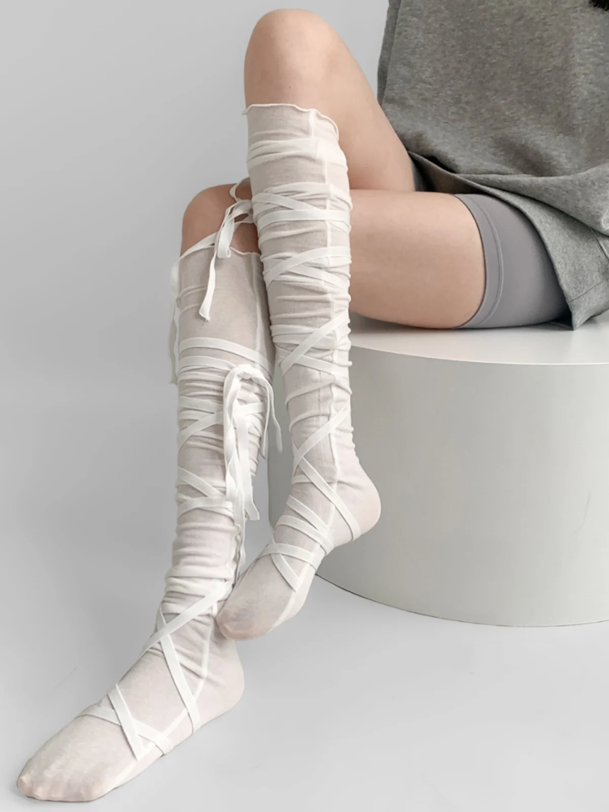 Gray Long Tube Ballet Style Knee High Socks with  Knot Women's Spring Autumn Teaching Room Leggings Personality Tie ...