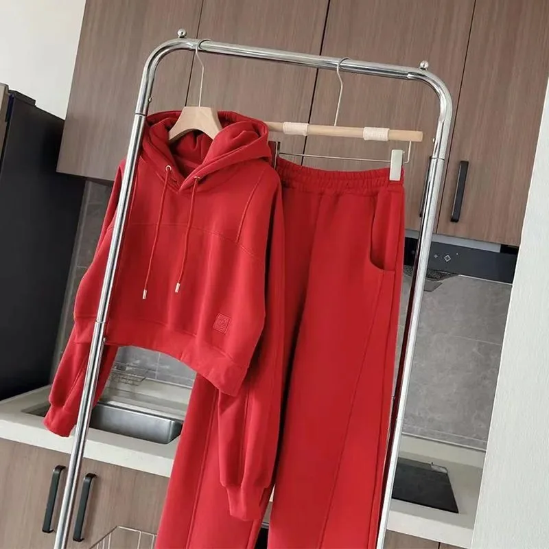 Red Casual Sports Suit Women\'s Winter Fashionable and Stylish Hooded Sweatshirt and Pants Two-piece Set Hoodies for Women