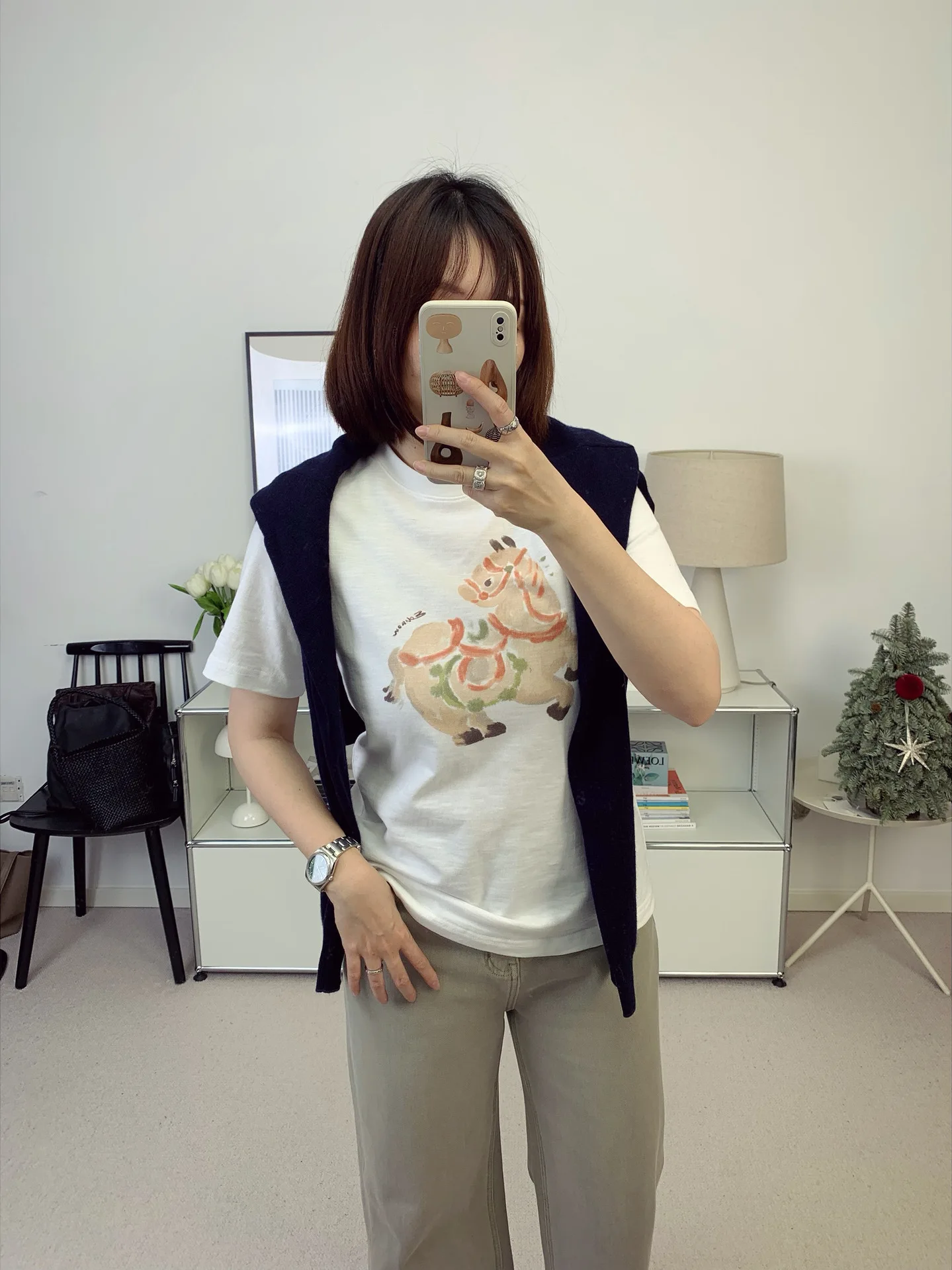 

2026 Spring New Totem Print ort Sve T-irt Women's Casual Faion Breathable Cotton round Ne Top