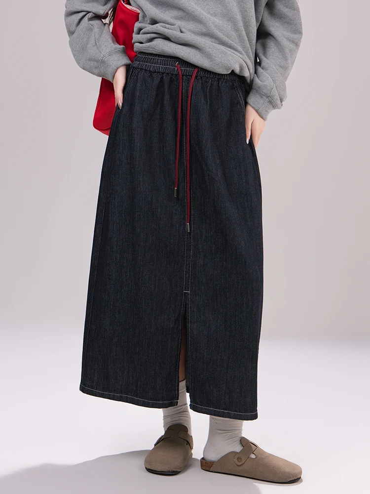 

Джинсовая юбка из хлопка и лиоцелла с завышенной талией в стиле ретро, контрастного цвета, женская осенняя японская юбка длиной до пола...