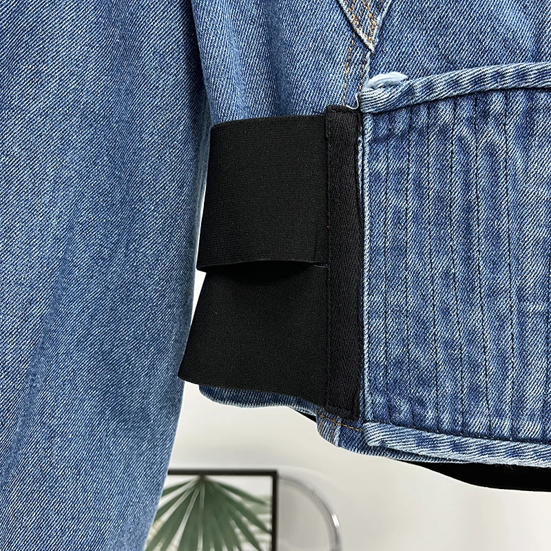 GALCAUR Solid Slimming Denim Jackets For Women Lapel Long Sleeve Patchwork Single Breasted Fashion Coat Female Clothing Style