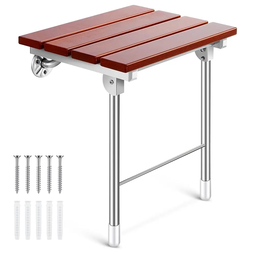 

Folding Shower Seat Wall Mounted, 18'' Shower Chair With Support Legs Collapsible Bathroom Safety Bench Fold Down Wall Wood