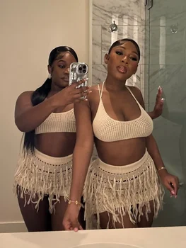 Joskaa Strick häkeln 2 Stück Set Frauen sexy Halfter rücken freie Weste und Quasten Minirock abgestimmt 2024 Sommerferien Strand Outfits