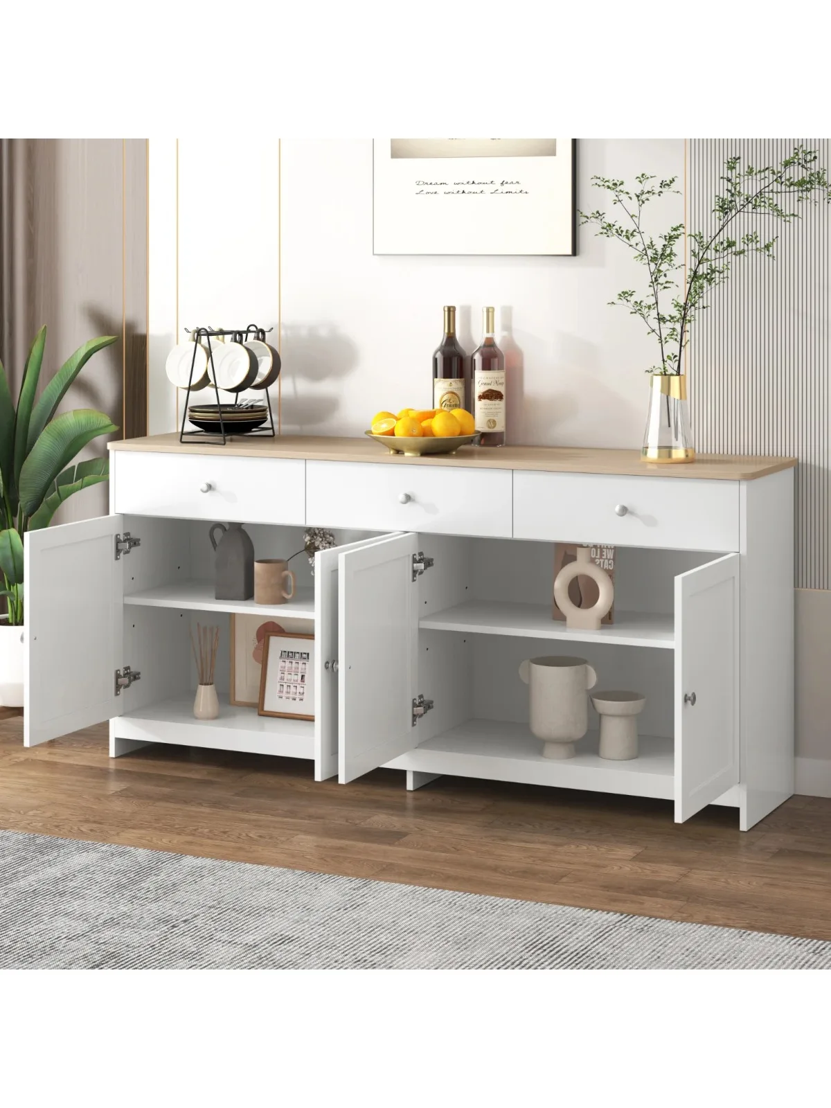 Rosahqnda houten dressoir met 4 deuren, moderne keukenkast, ladekast, buffetkast, voor eetkamer, woonkamer - afbeelding 2