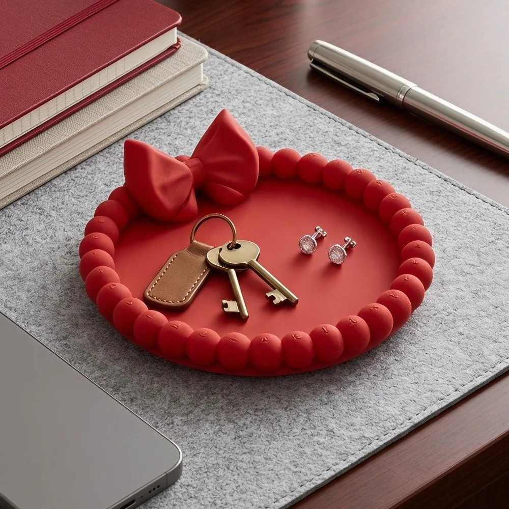 3D Printed Red Bow Jewelry Tray Home Storage Vanity Decor Cute Round Desktop Organizer Decorative Multi Functional