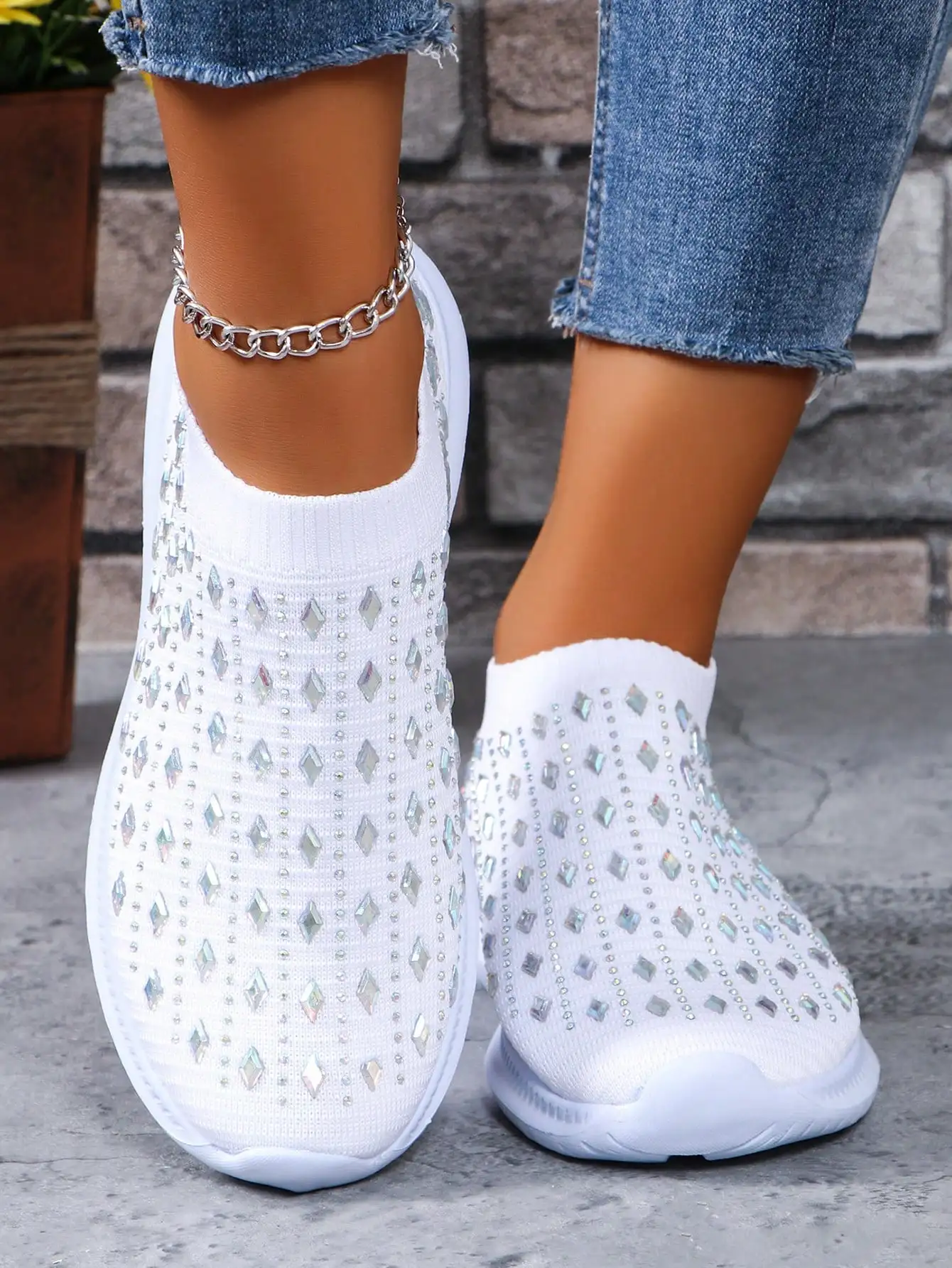 

Rhinestone Knit Sneakers Breathable Anti Slip Comfortable Outdoor Casual Sports Footwear For Ladies