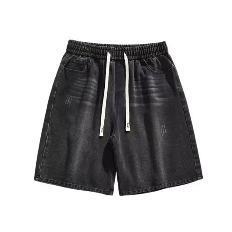 Mr. WH American Retro Drawstring Elastic Waist Washed Denim Shorts Men Loose Straight Five-Point Black Jeans Casual Trousers