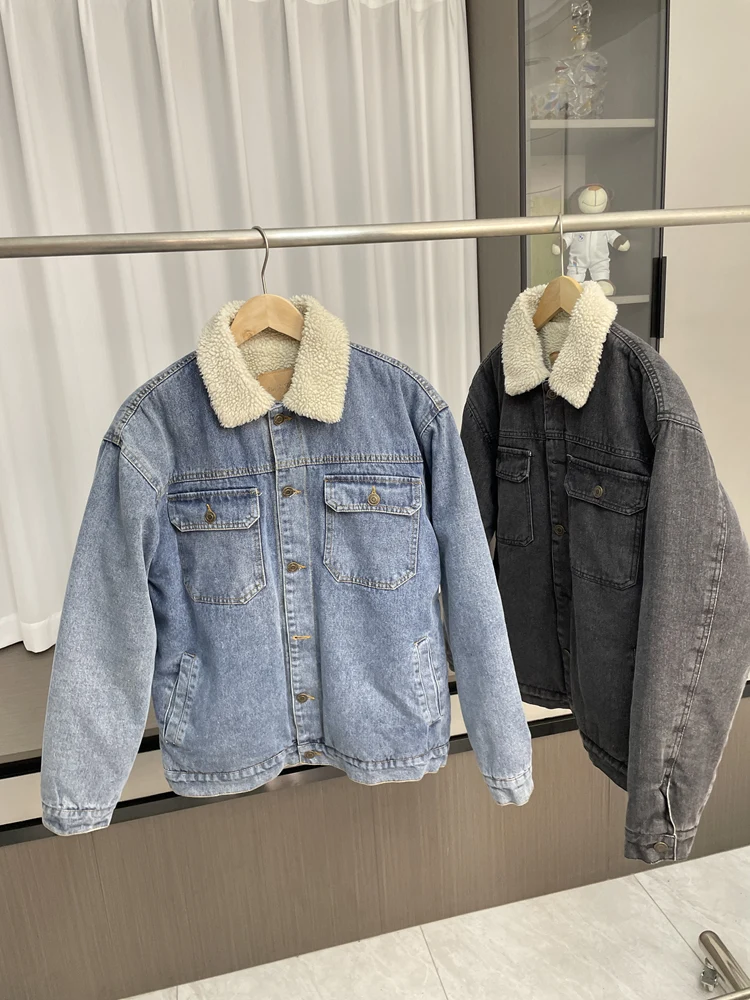 

Осенне-зимняя флисовая джинсовая куртка для мужчин с лацканами и карманами, пальто из искусственной овечьей шерсти, американская мода, теплые утепленные куртки