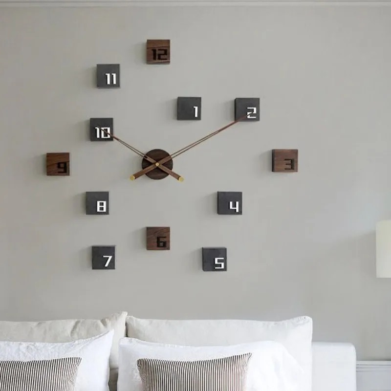 Simple Modern Wall Clocks Living Room Silent Wood Block DIY Design Solid Wood Punch-Free Sticker Wall Decoration Home Decor