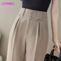 Pantalones de traje de cintura alta para mujer, pantalón de tubo recto pequeño, holgado, adelgazante, novedad de 2022